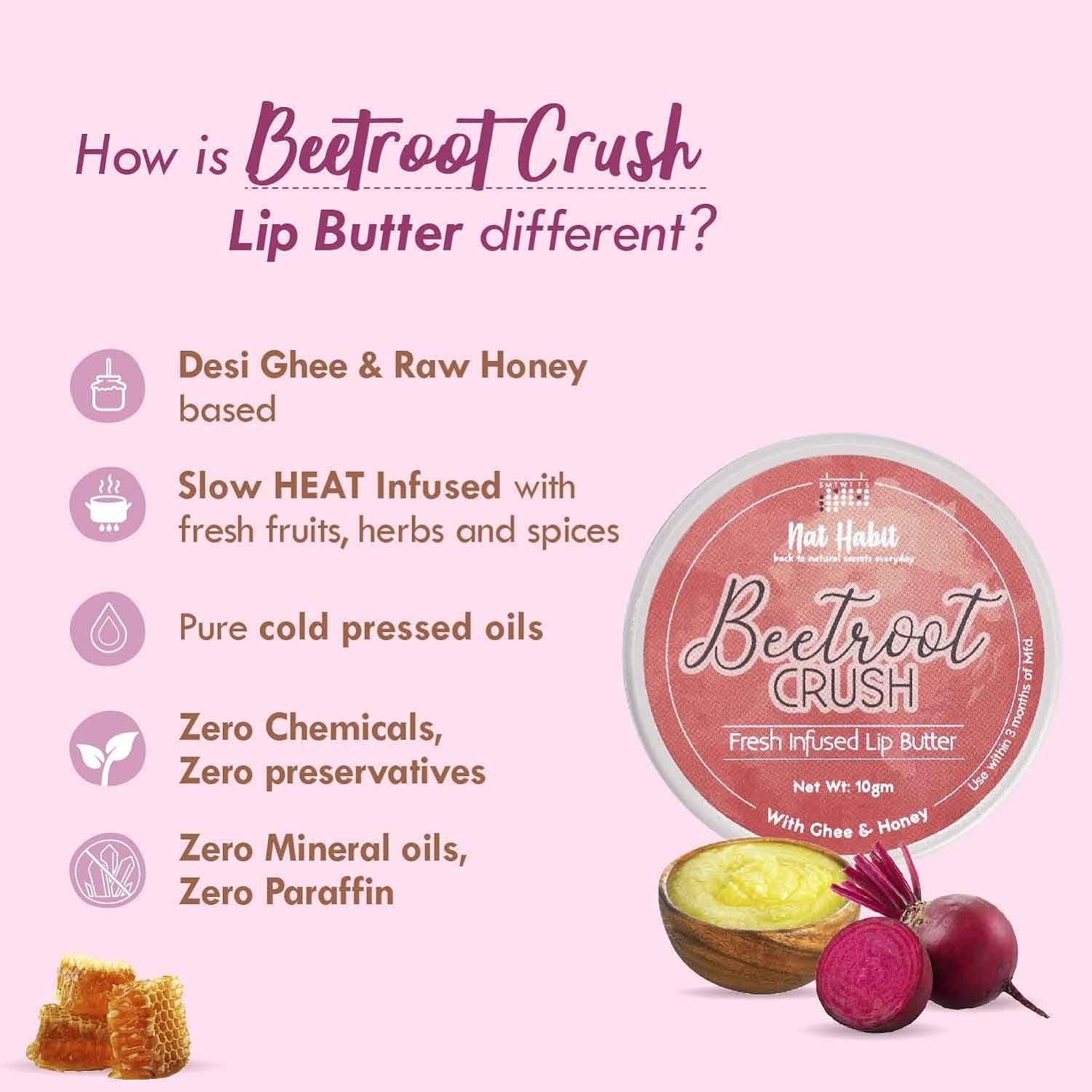 Nat Habit Lip Balm Fresh Beetroot Crush 10gm Lip Butter With Desi Ghee & Raw Honey For Natural Pink Lips, Nourishment, Dark And Chapped Lips - (Pack of 1) - Image 3