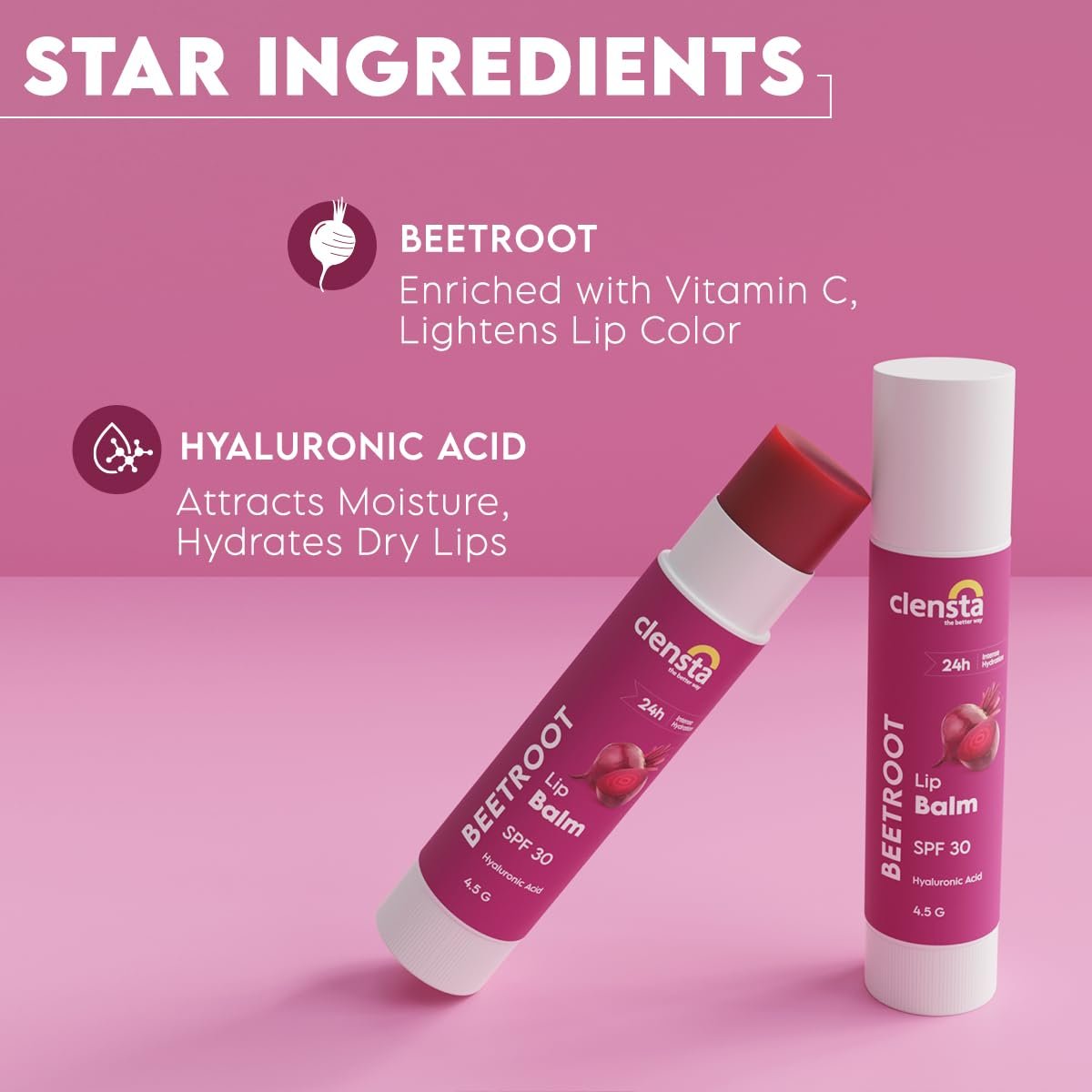 Clensta Beetroot Lip Balm With Hyaluronic Acid Spf 30 With Beetroot & Hyaluronic Acid For Moisture, Hydrates & Lightens Dark Lips For Women & Men 5Gm, Clear - Image 2