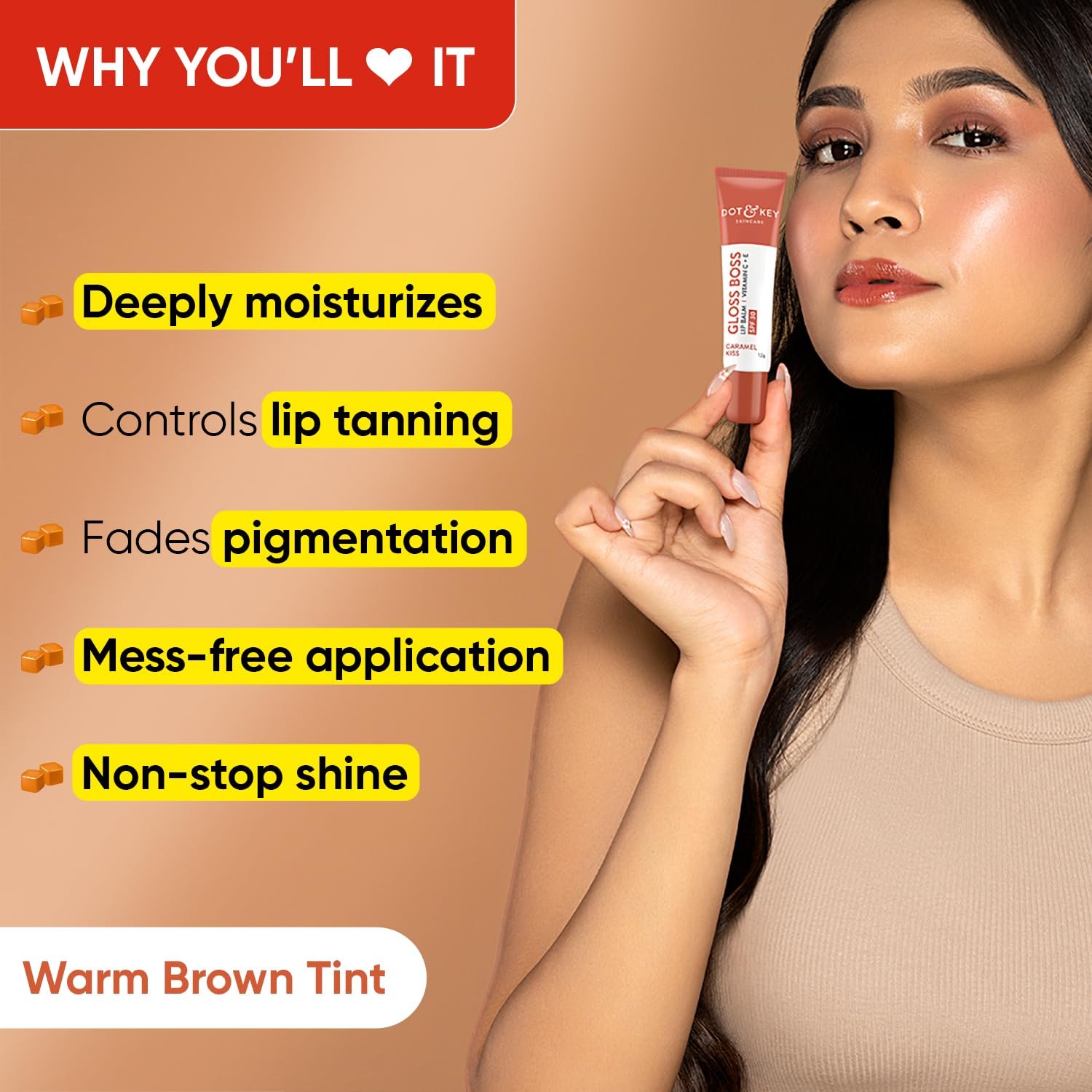 DOT & KEY Dot&Key Salted Caramel Tinted Lip Balm(12Gm)|With Spf 30|Lightweight&Non Sticky|Lip Balm For Women For Soft Smooth&Sun Protected Lips|Fades Lip Pigmentation|Deeply Moisturizes Dry Lips - Image 3