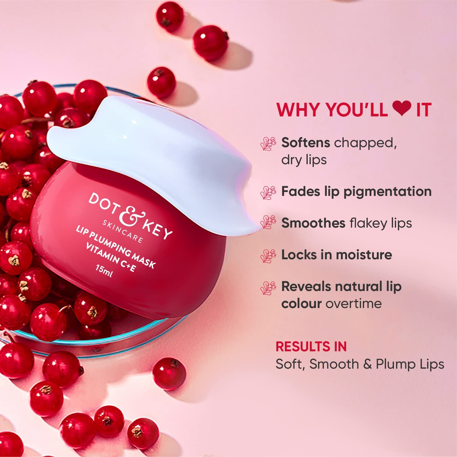 DOT & KEY Dot&Key Lip Plumping Mask With Shea Butter&Vitamin C + E For Naturally Glowing Lips|Smoothes Flaky&Dry Lips|Lip Mask For Soft,Smooth&Plump Lips|(Lingonberry)|15Ml - Image 2