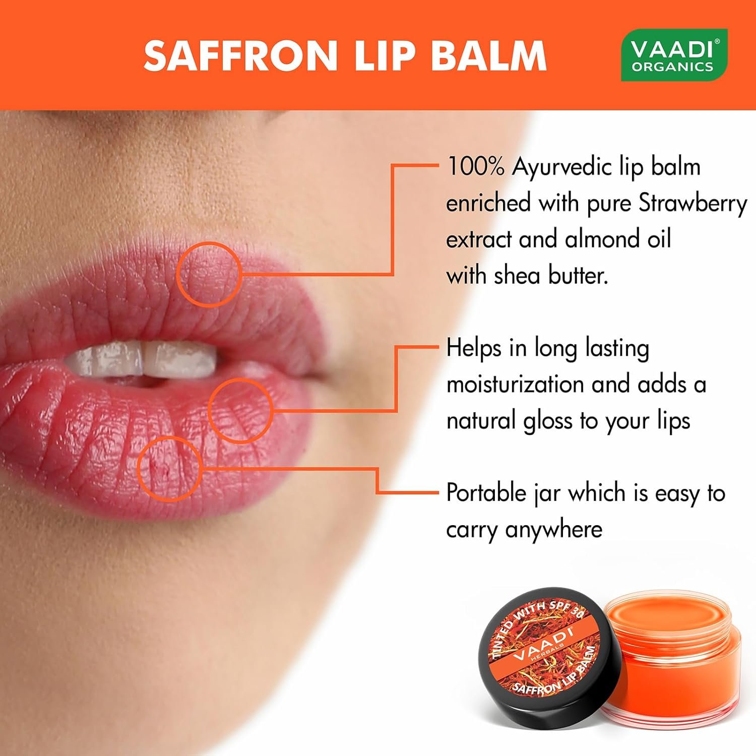 Tinted Saffron Lip Balm with Strawberry Extract, Almond oil & Shea Butter with SPF30 for Dry, Chapped & Sun Damaged Lips (10 gms) - Image 2